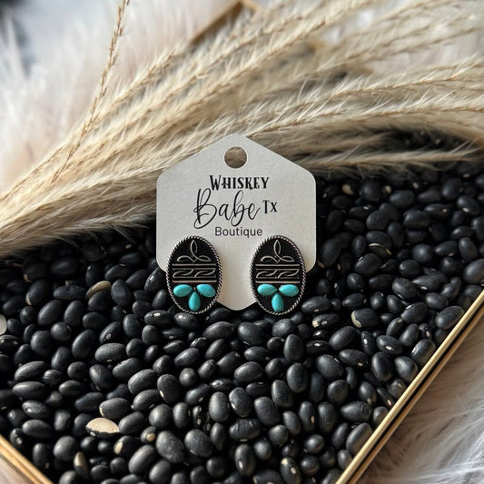 Saddleridge Silvertone Stud Earrings - Oval Turquoise Boot Stitch