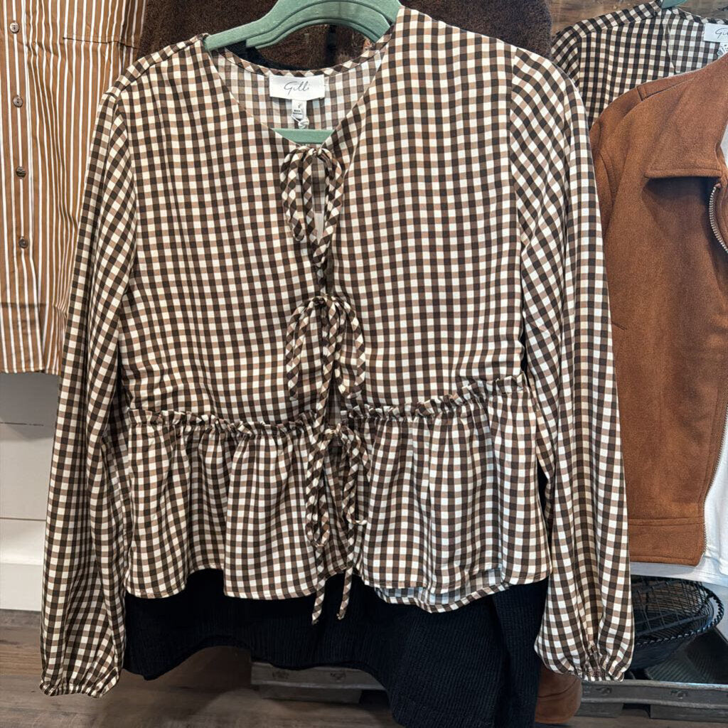 Front Tie Checkered Long Sleeved Top