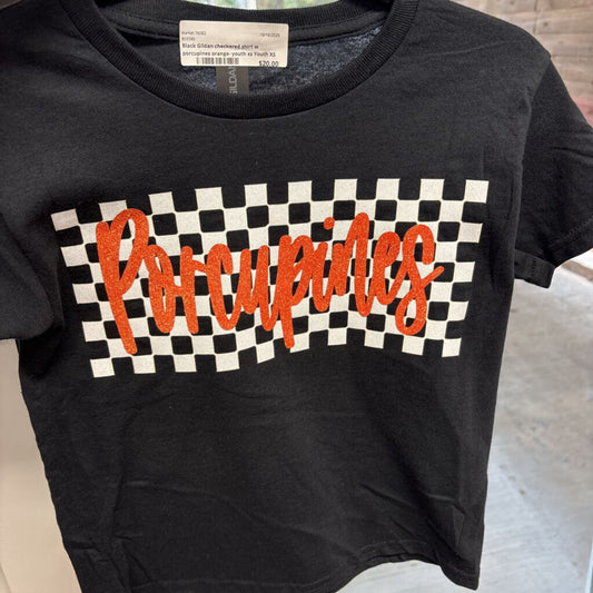 Black Gildan checkered shirt w porcupines orange- youth xs