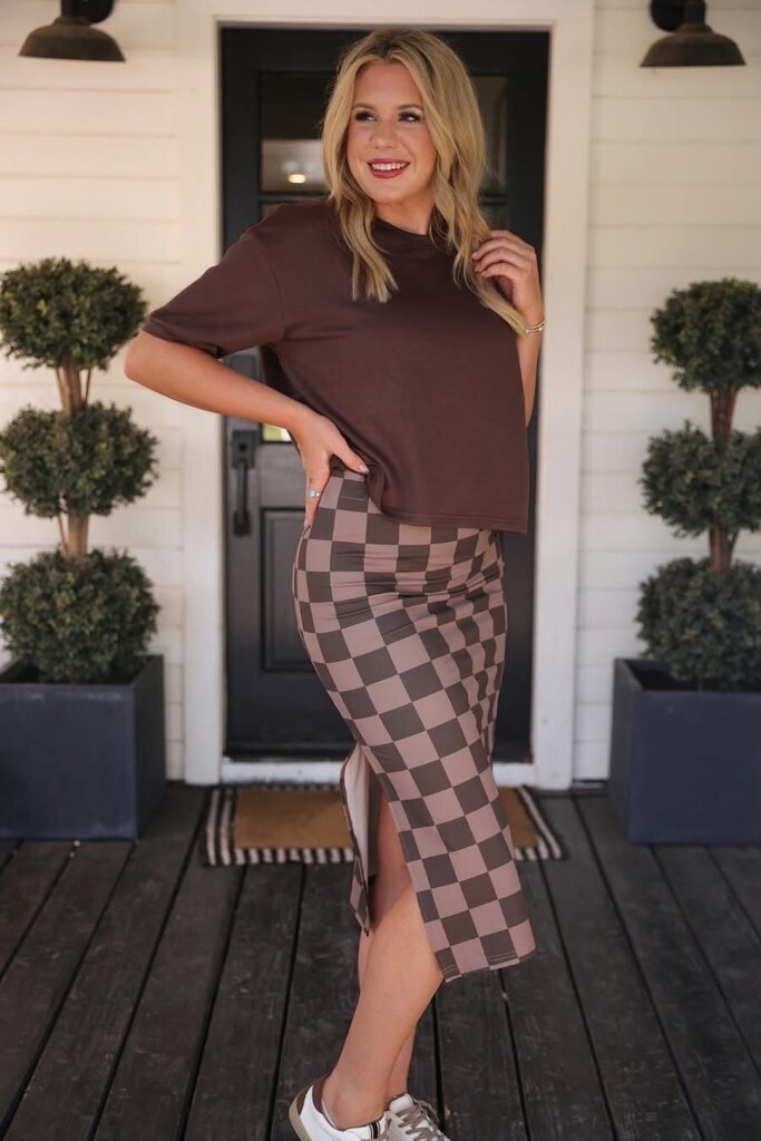 Whiskey Brown Check Midi Skirt Small