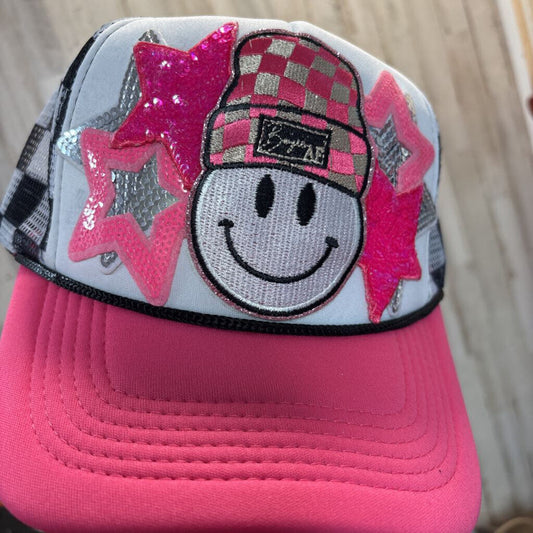 Pink bill w black and white checkered hat w Boujee AF and stars