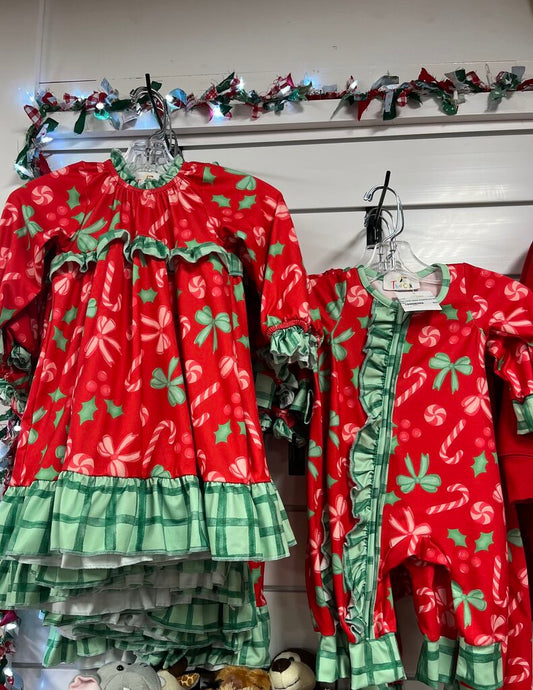 CANDY CANE GTREEN ROMPER-6/12 MO