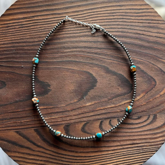 Turquoise Spiny Oyster & Sterling Silver Pearl Necklace