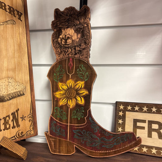 Wood engraved alpaca and boot sign