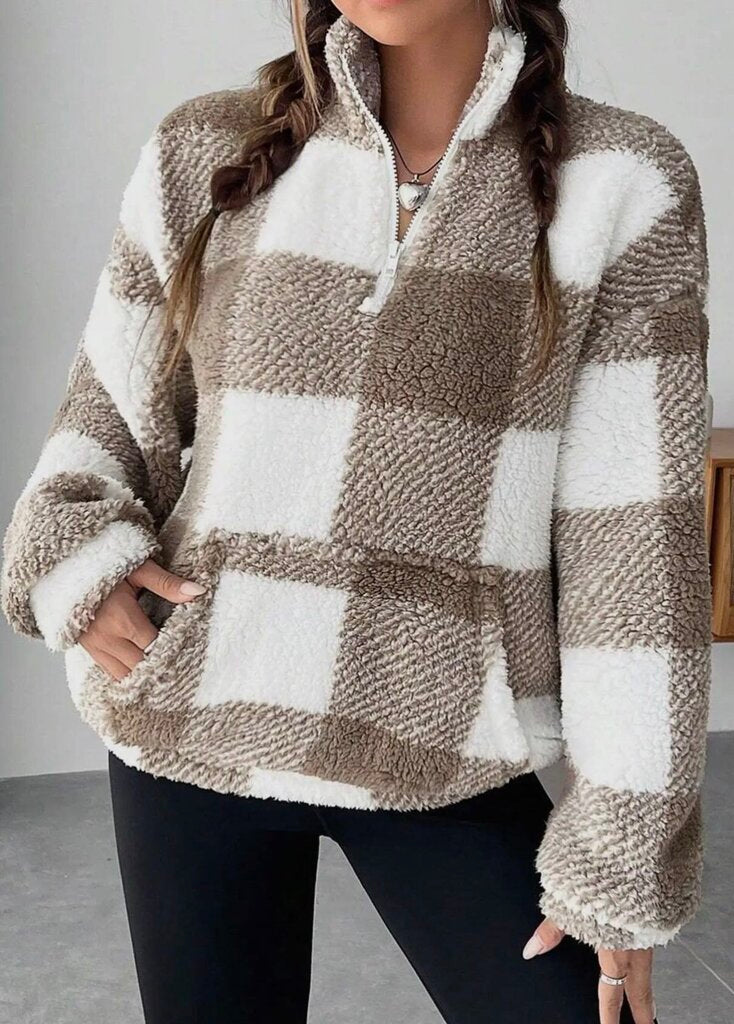 Plaid Pocket Fleece Zip Up Teddy Sweatshirt