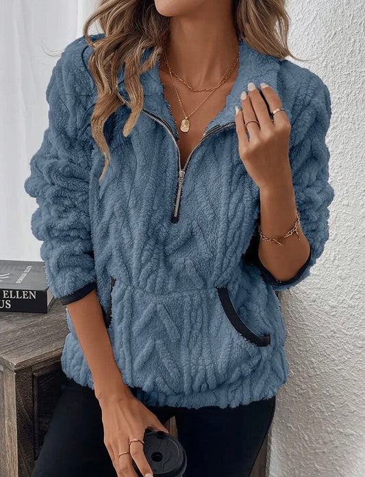 Pocket Texture Zip-Up Teddy Sweatshirt