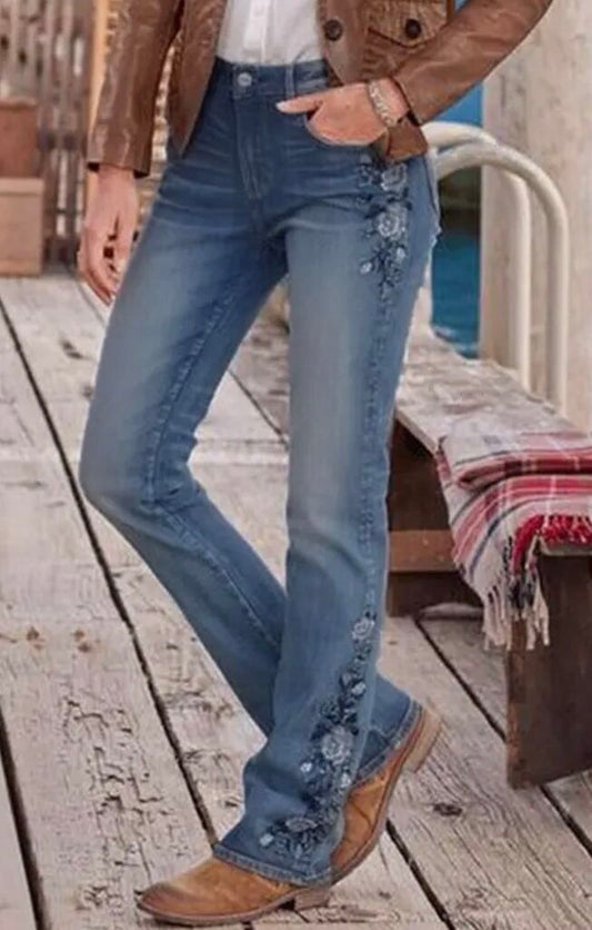 Vintage Floral Embroidered Flared Jeans