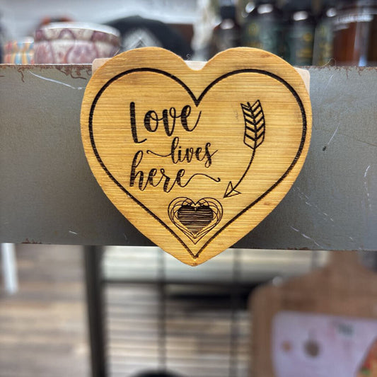 Wood engraved magnet/ bottle opener heart love lives here