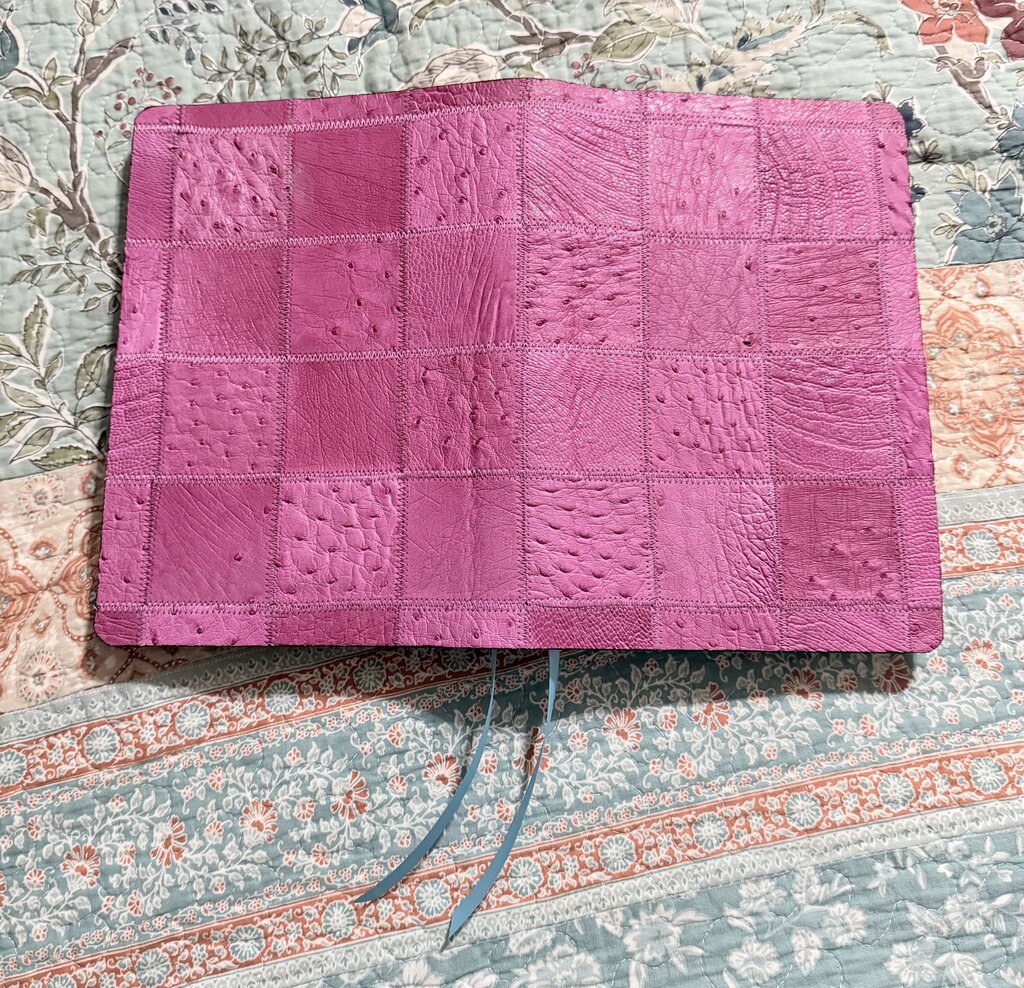 Ostrich Leather Patchwork Bible Rebind w/lambskin lining of a Thomas Nelson Single Column KJV