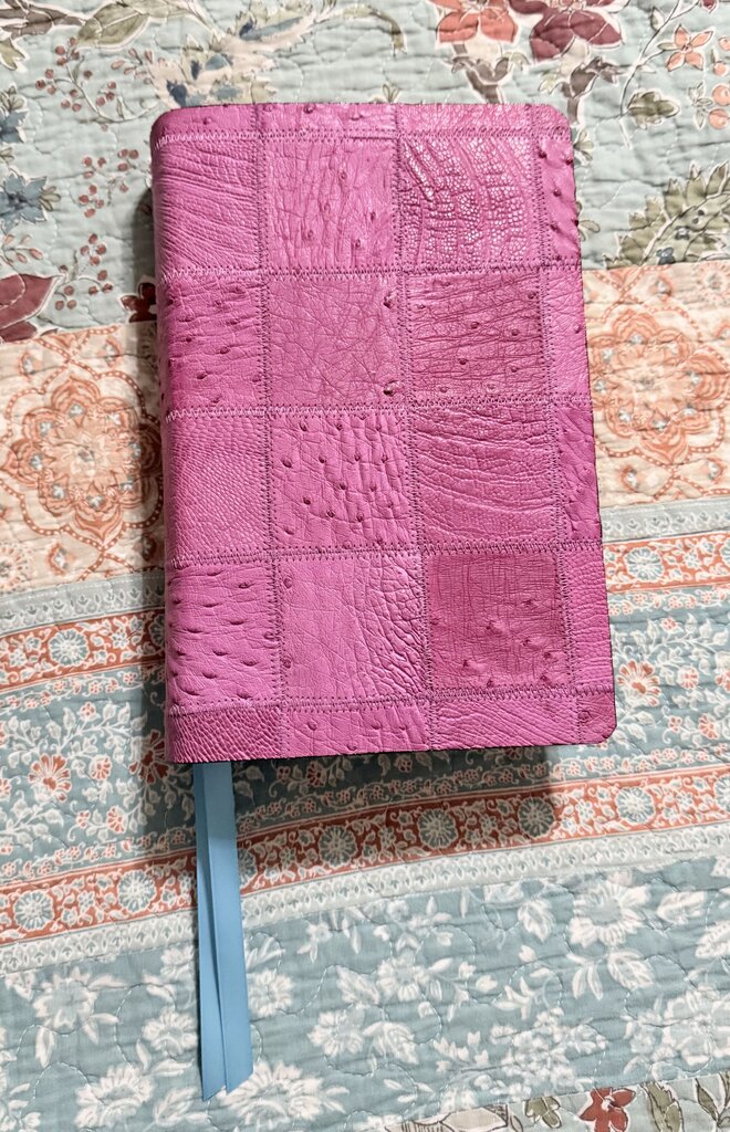 Ostrich Leather Patchwork Bible Rebind w/lambskin lining of a Thomas Nelson Single Column KJV