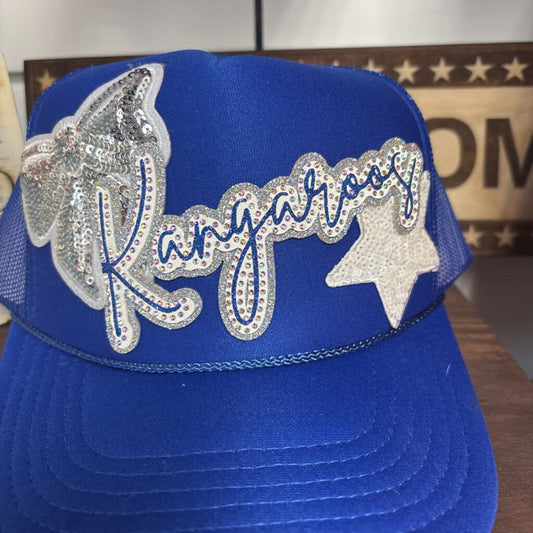 Royal blue kangaroo rhinestone hat w silver bow