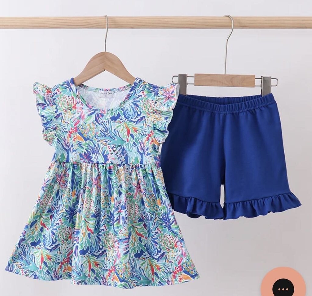 BLUE FLORAL RUFFLE SHORT SET-2