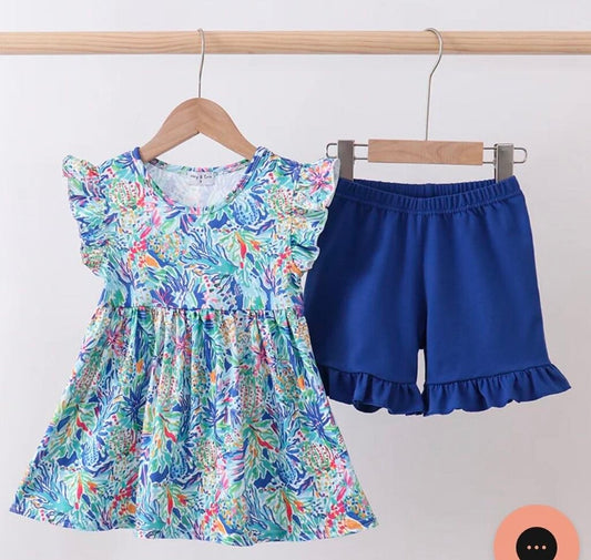 BLUE FLORAL RUFFLE SHORT SET-4