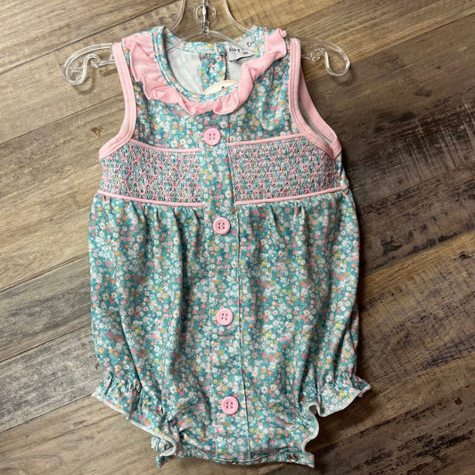 GREEN FLORAL SMOCKED-12 MO
