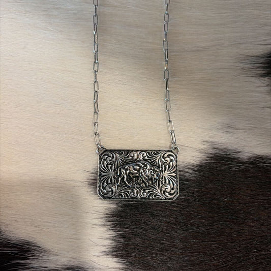 Rectangle Bison Engraved Necklace