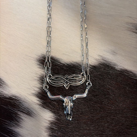 Long Horn Skull Boot Stitch Necklace Set