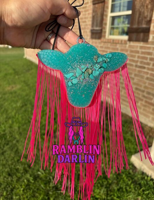 Cow Head Freshie with Turquoise Stones and Fringe in Baja Cactus Scent