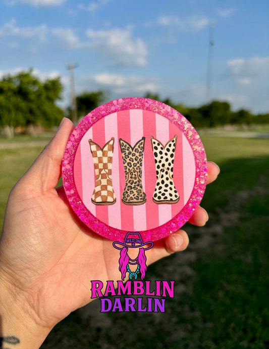 Striped Cowgirl Boots Round Freshie in Leather Scent
