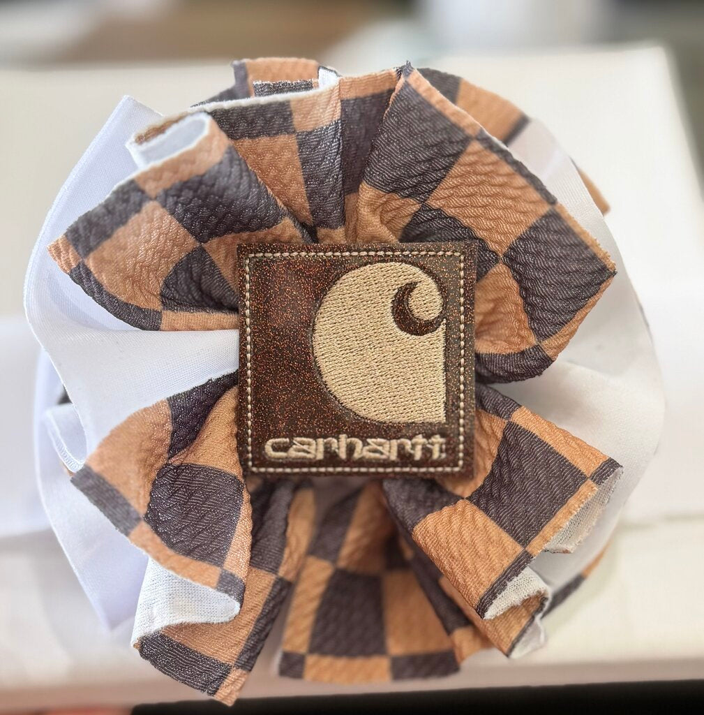 brown n tan checkered carhart patch scuba knit tx shredded headwrap