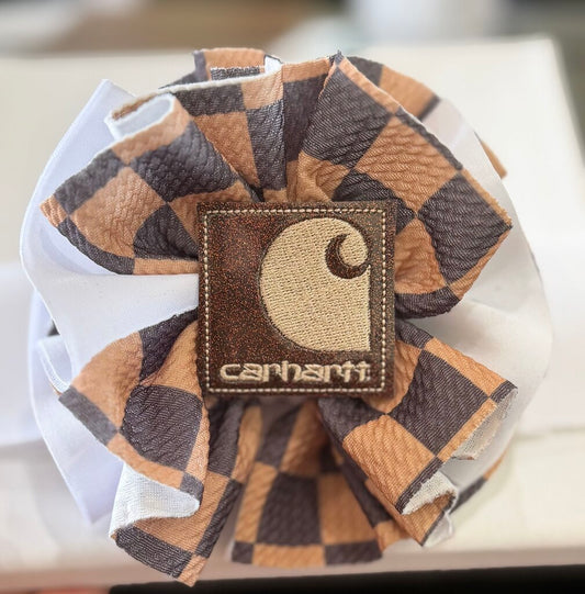 brown n tan checkered carhart patch scuba knit tx shredded headwrap