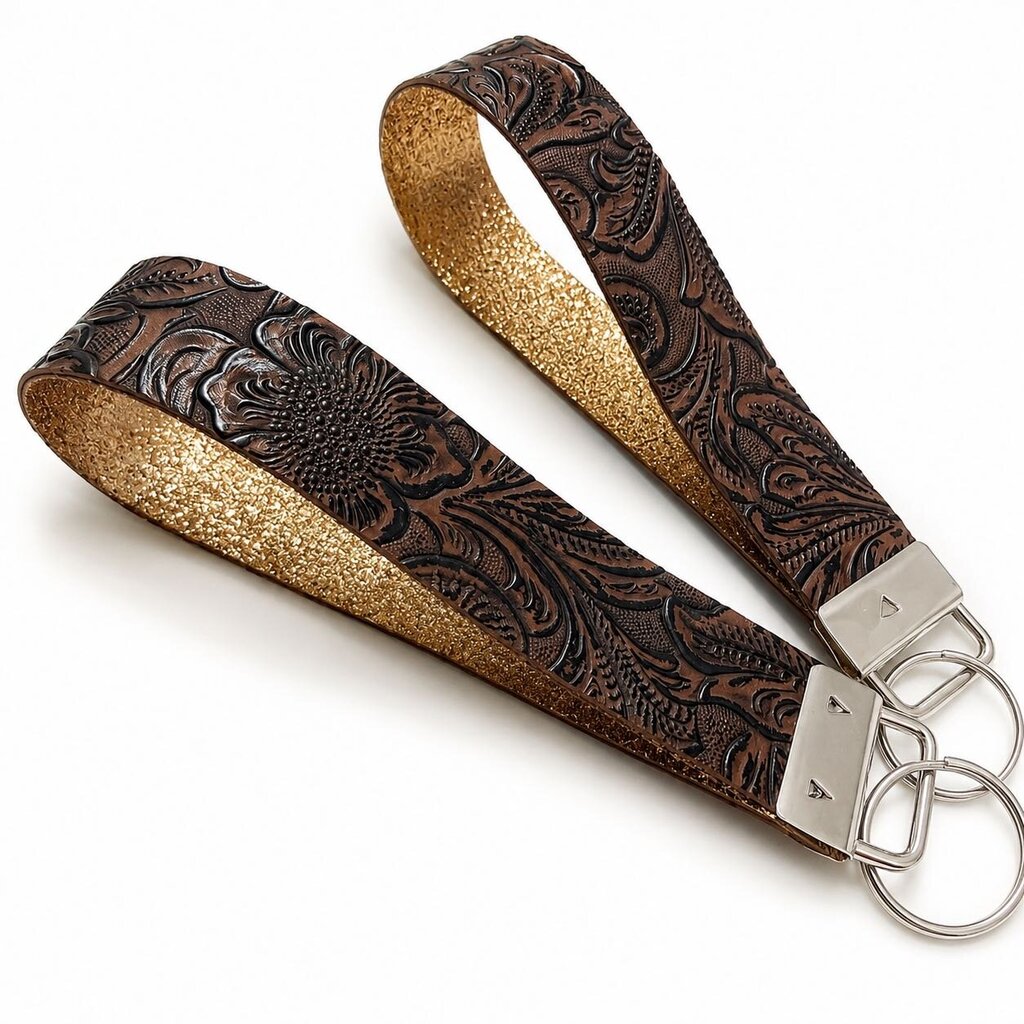 Keychain Fob- Tooled Leather Brown with/ Gold Glitter