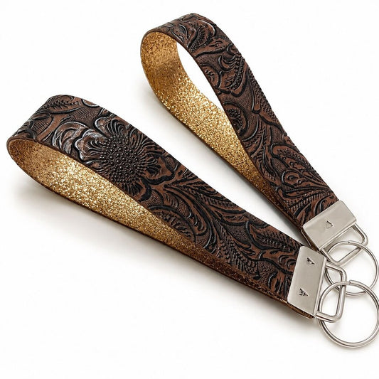 Keychain Fob- Tooled Leather Brown with/ Gold Glitter