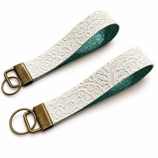 Keychain Fob- Lace- White with Teal Glitter