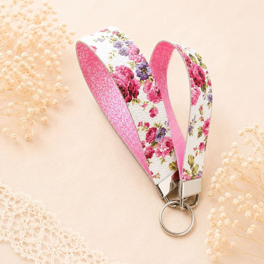 Keychain Fob- Floral Pink with Pink Glitter