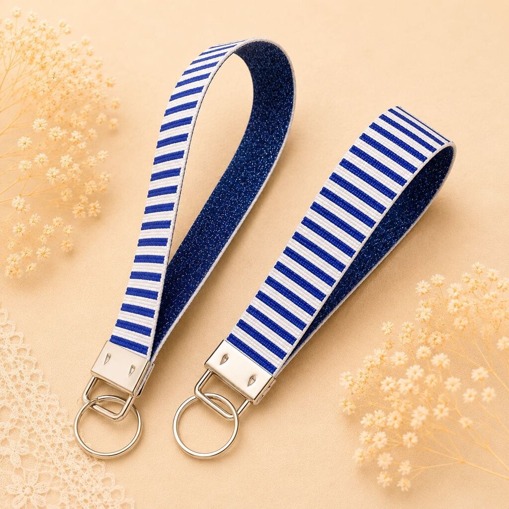 Keychain Fob- Striped Blue & White with Glitter