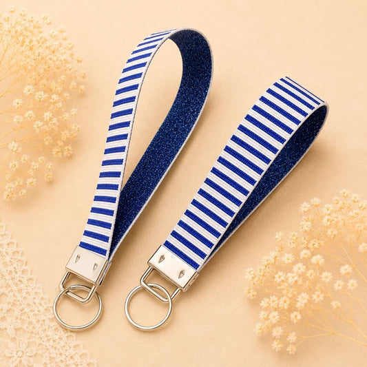 Keychain Fob- Striped Blue & White with Glitter