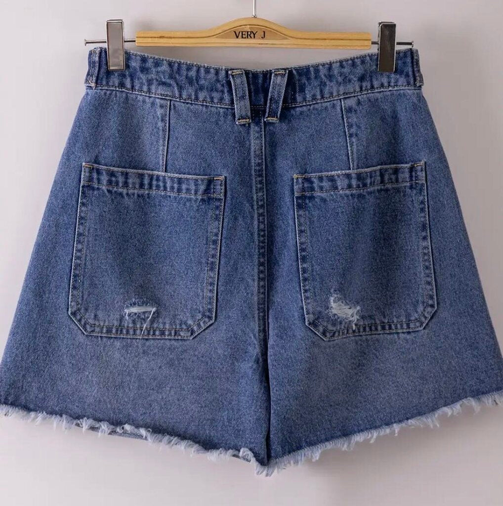 Button Tab Distressed Jean Shorts