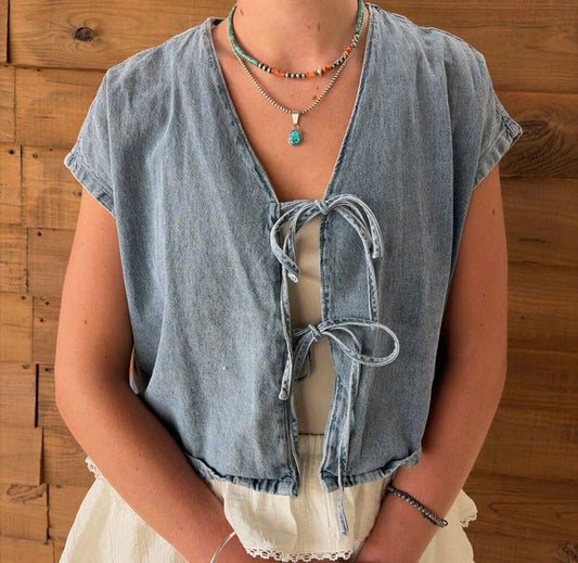 Short Sleeve Denim Bow Vest