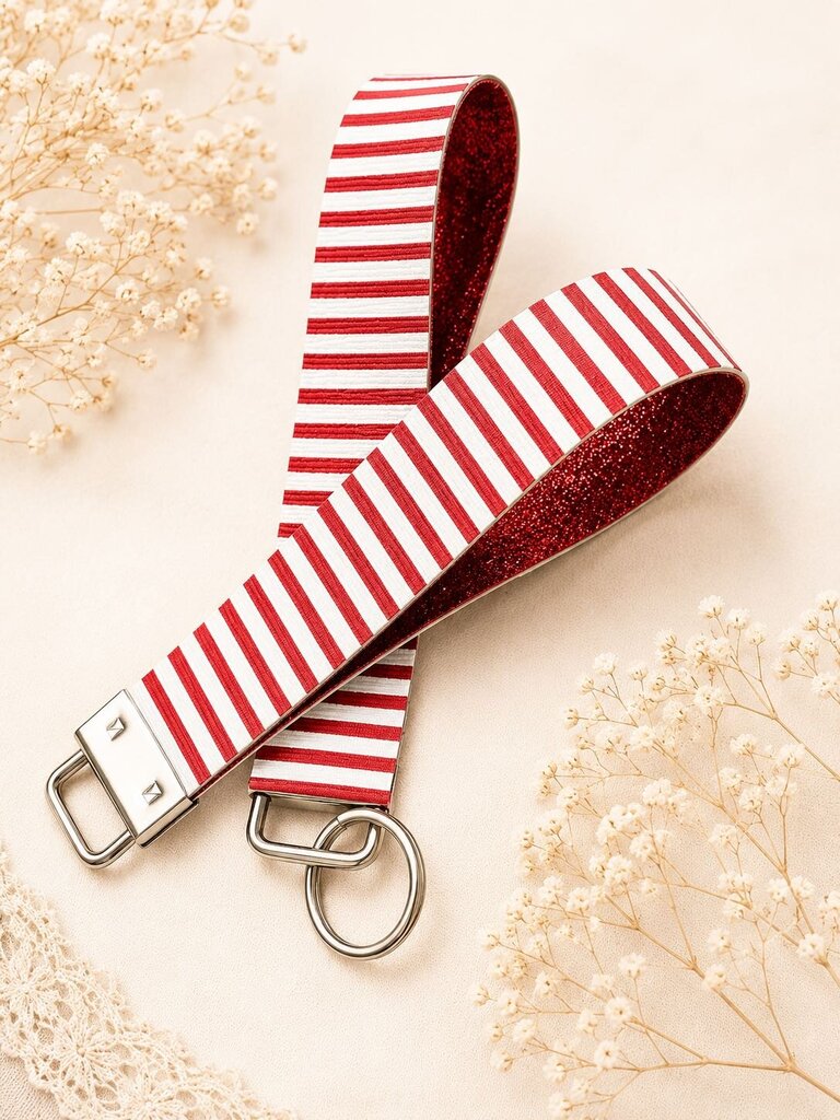 Keychain Fob- Striped Red & White with Glitter
