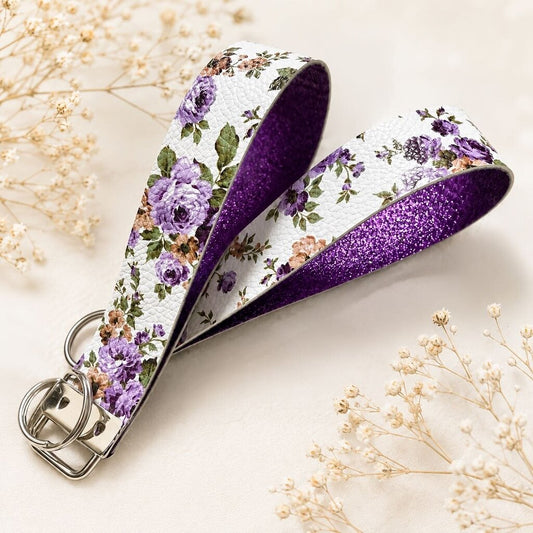 Keychain Fob- Floral Purple with Glitter