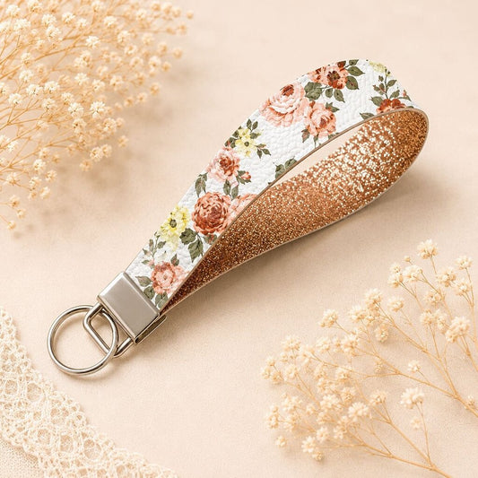 Keychain Fob- Floral Rose Gold with Glitter