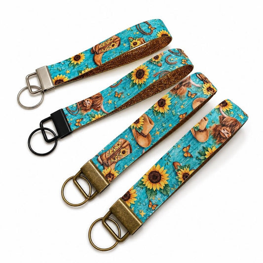Keychain Fob- Highland Cow with Sunflower