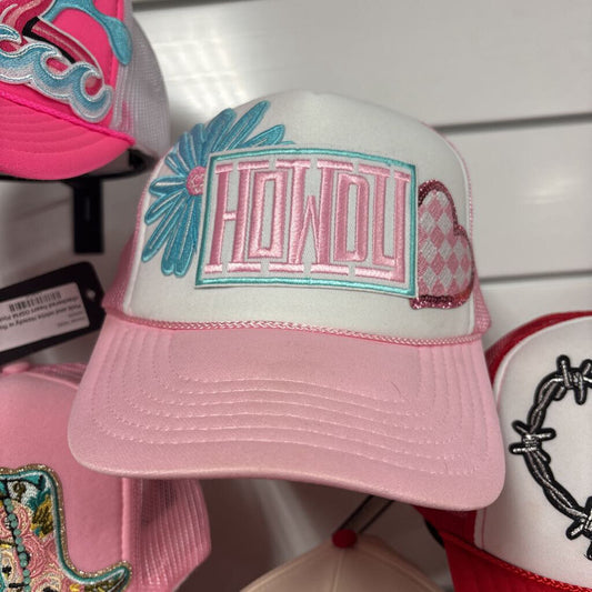 Pink and white Howdy w flower and checkered heart