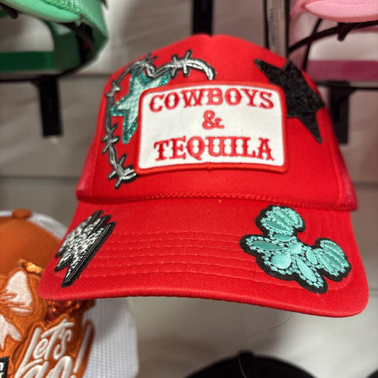 Red cowboys and tequilla OTTO w barbed heart and turquoise squash blossom