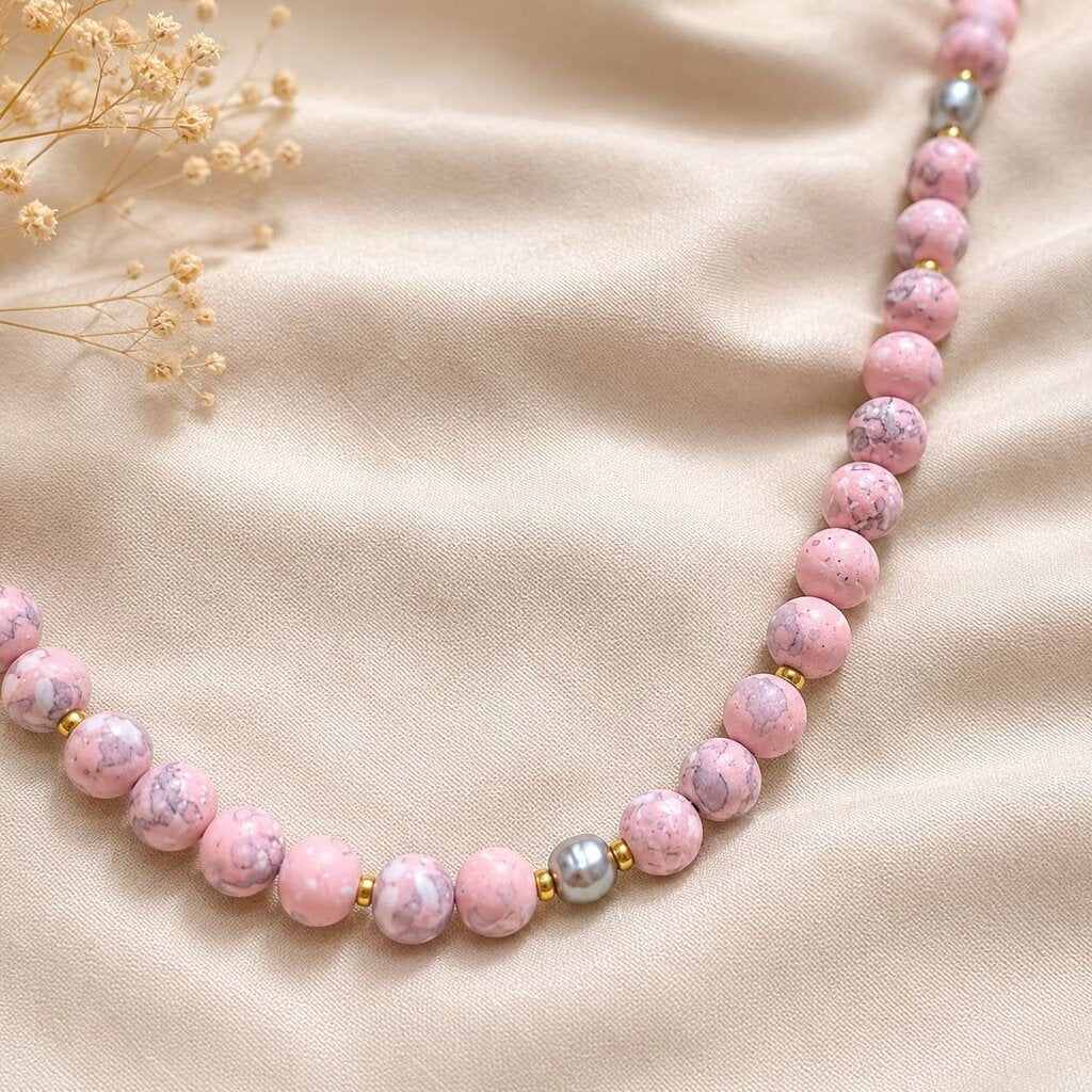 Rose Tide Necklace- matte marble pink with freshwater pearls