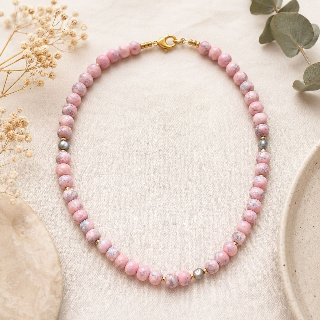 Rose Tide Necklace- matte marble pink with freshwater pearls