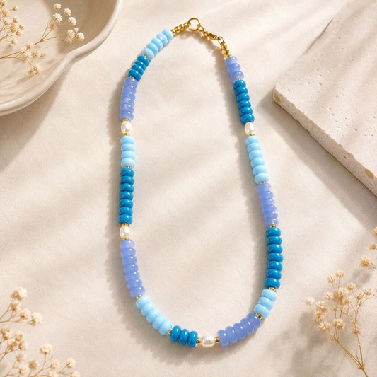 Blue lagoon Necklace- blue rondelles with freshwater pearls