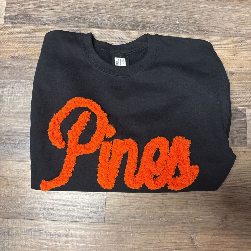 Black Gildan sweatshirt pines chenille lettering