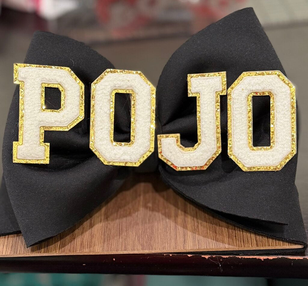 Black 8in pojo w gold letter headwrap bow