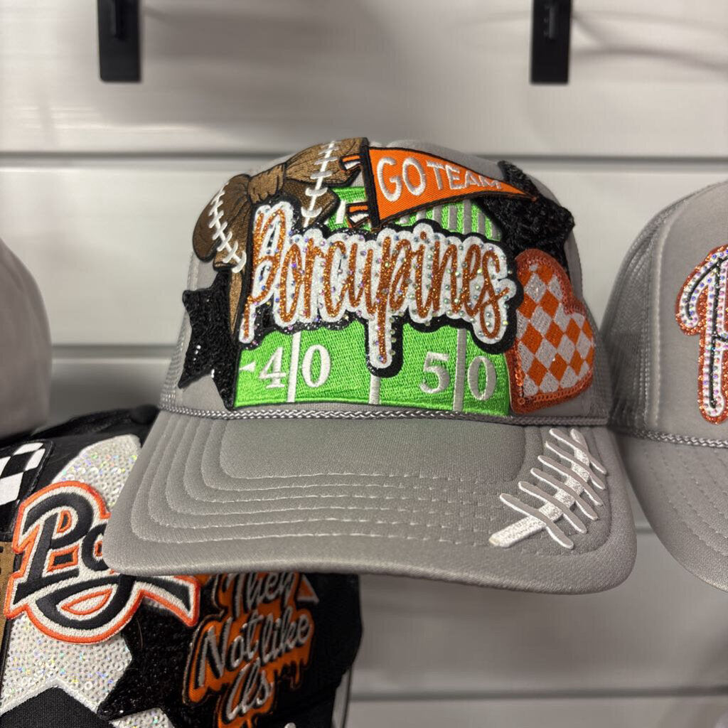 Gray OTTO w football field, layered rhinestone porcupine, football bow and to team banner and laces