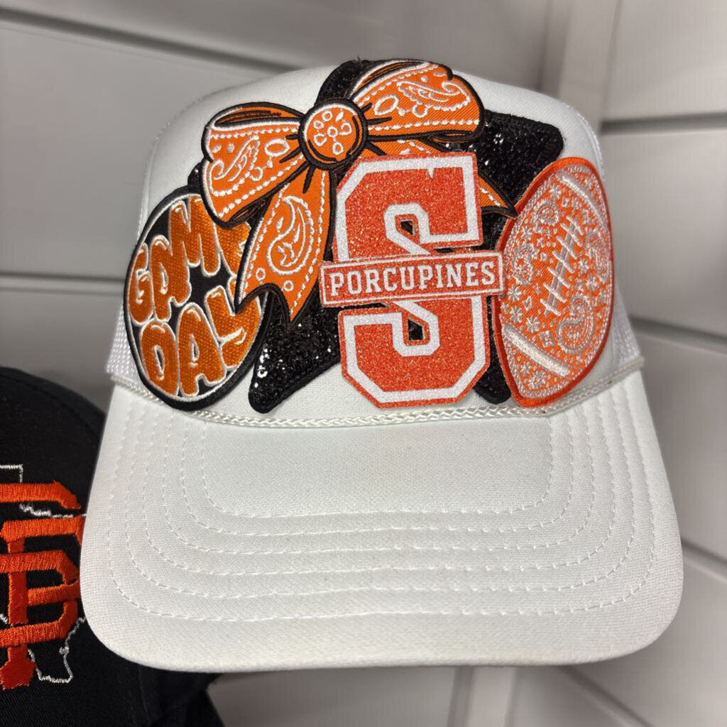 White Otto w game day round, paisley orange football, bandana bow and porcupine layered S