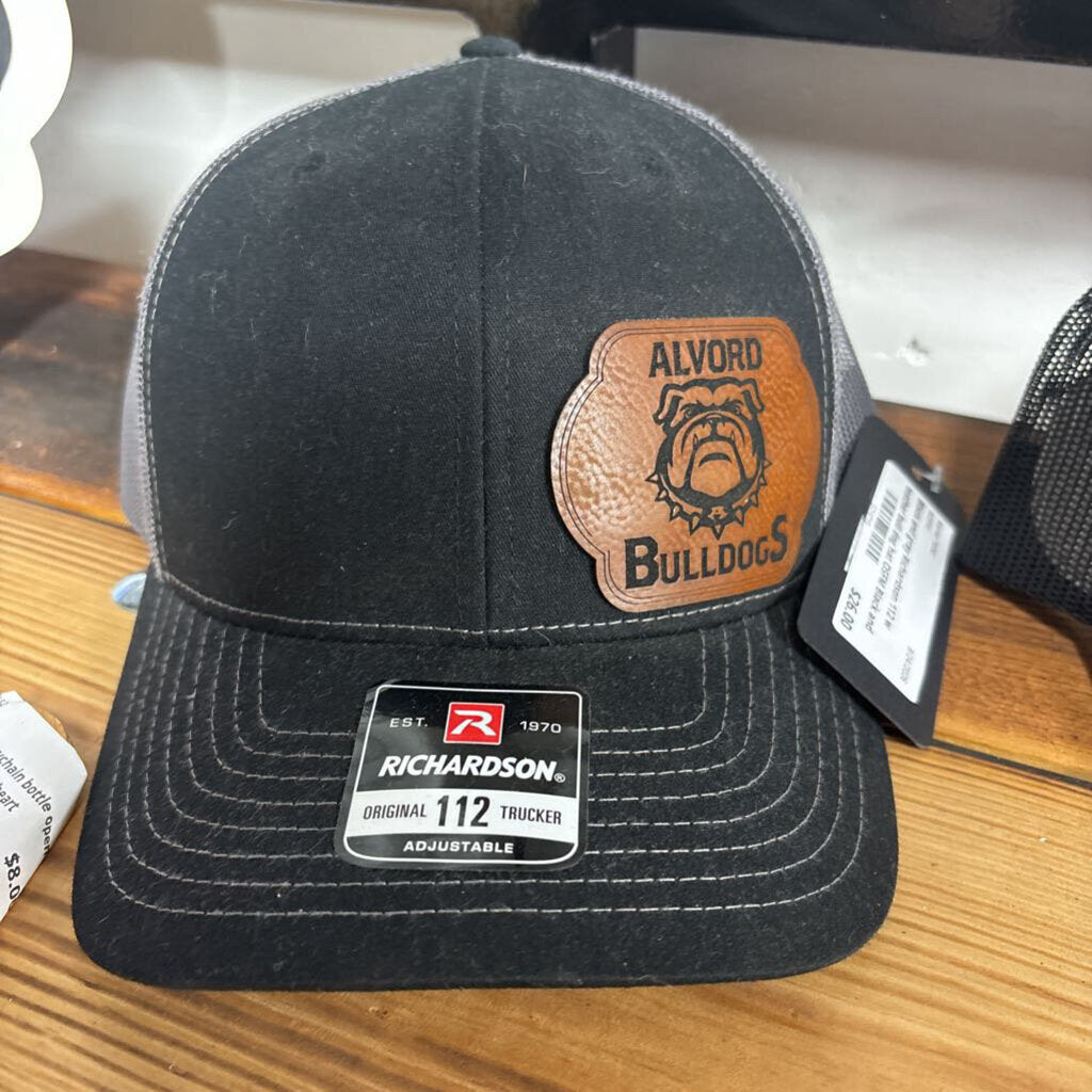 Black and gray Richardson 112 w leather bull dog hat