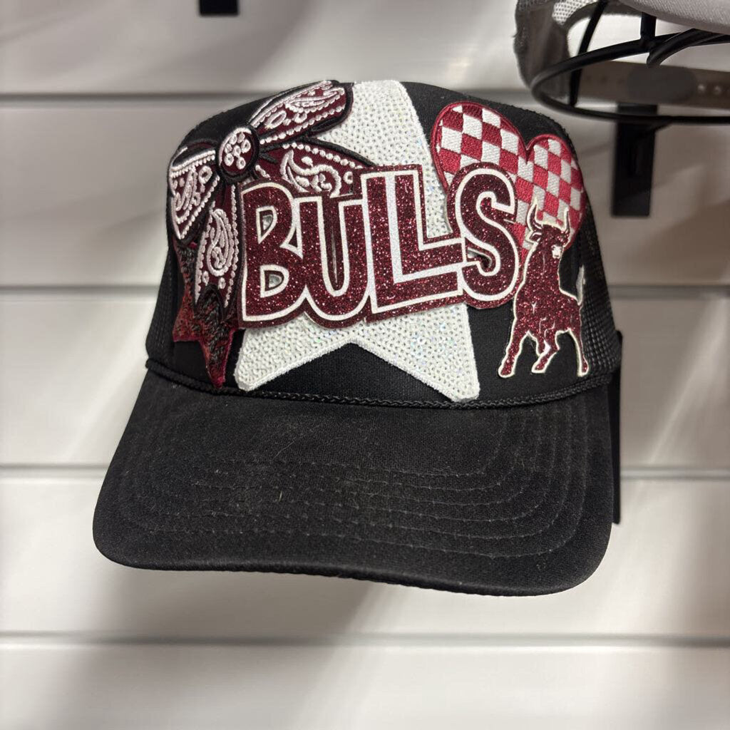 Black Otto bulls hat w glitter lettering and bull w bandana bow and checkered heart