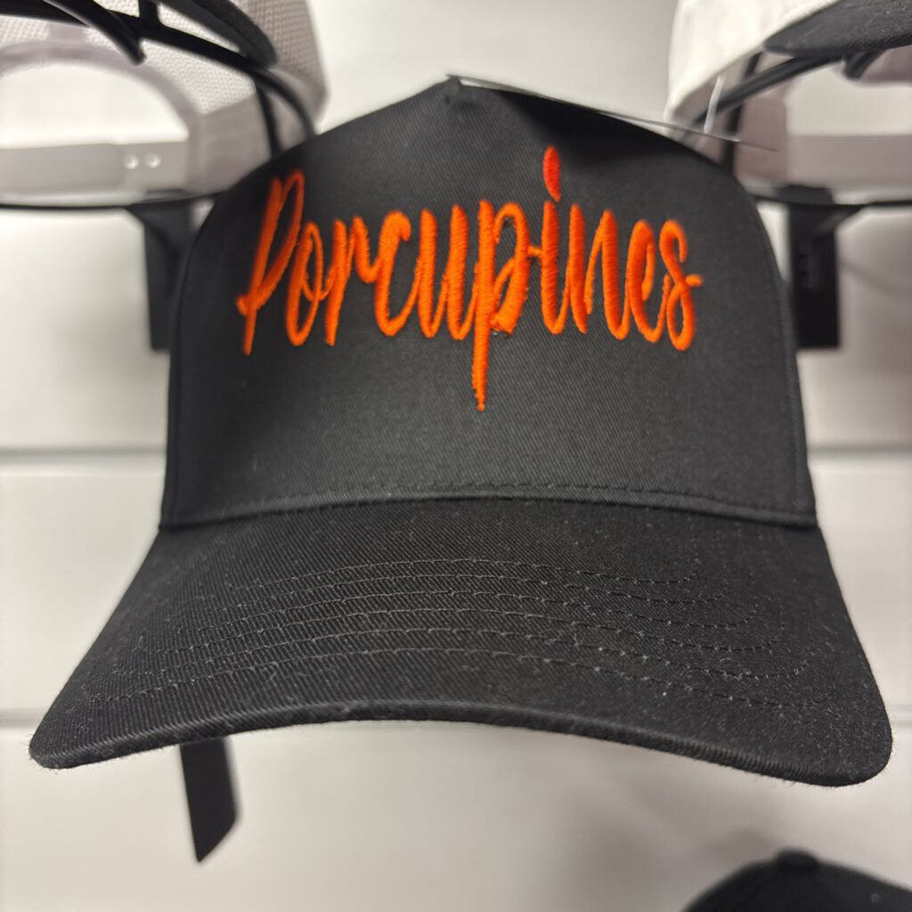 Black canvas w porcupines embroidered in orange