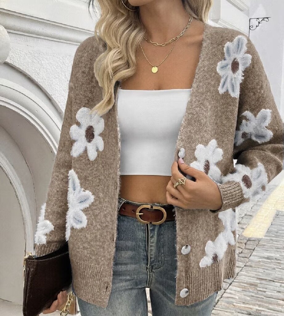 Sweater, Cardigan Soft V-Neck Flowers