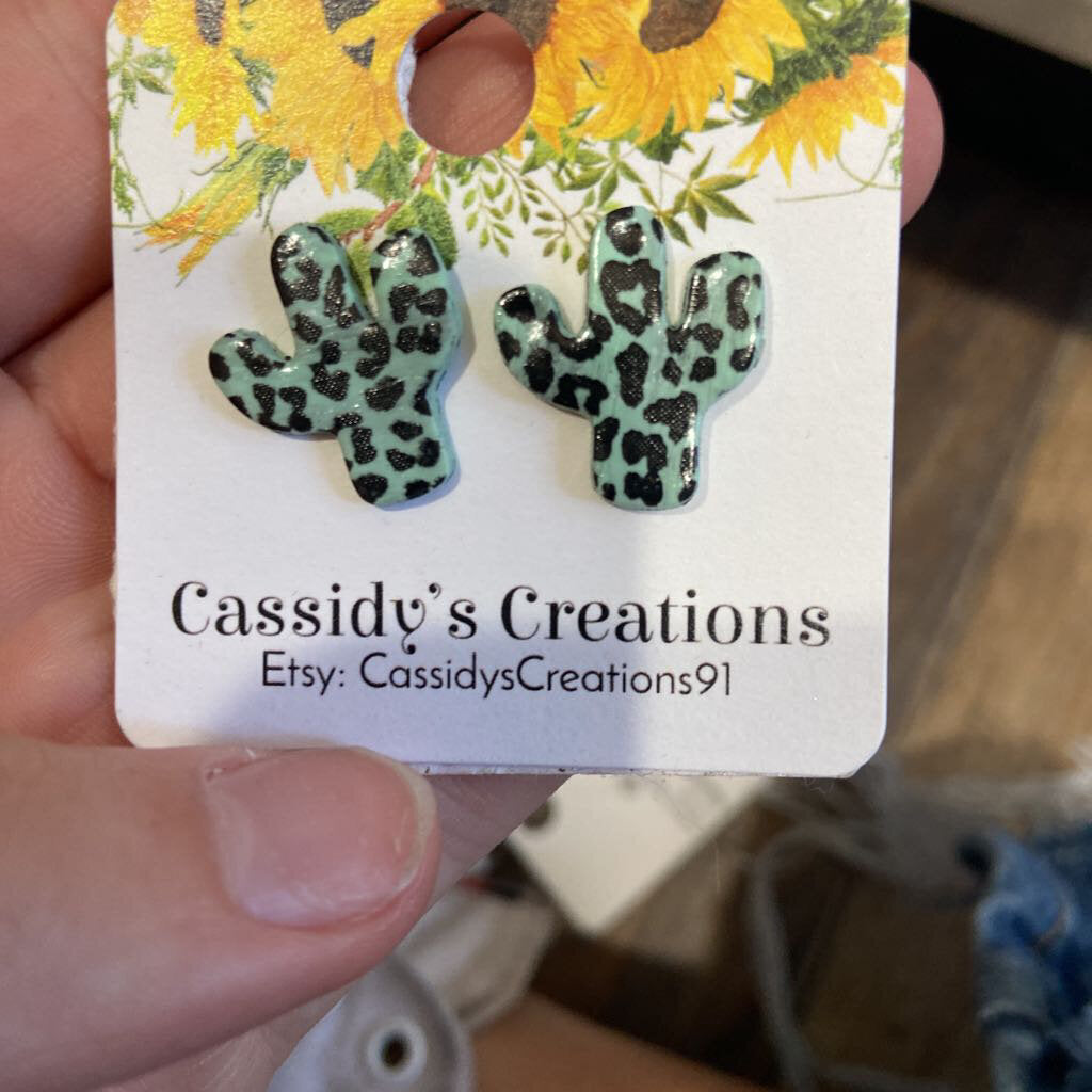 Teal Cheetah Cactus Studs